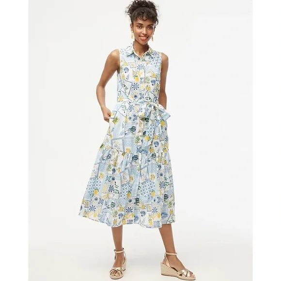 J.Crew Factory Collared Patchwork Beachy Tiered Cotton Midi Dress - Picture 2 of 8